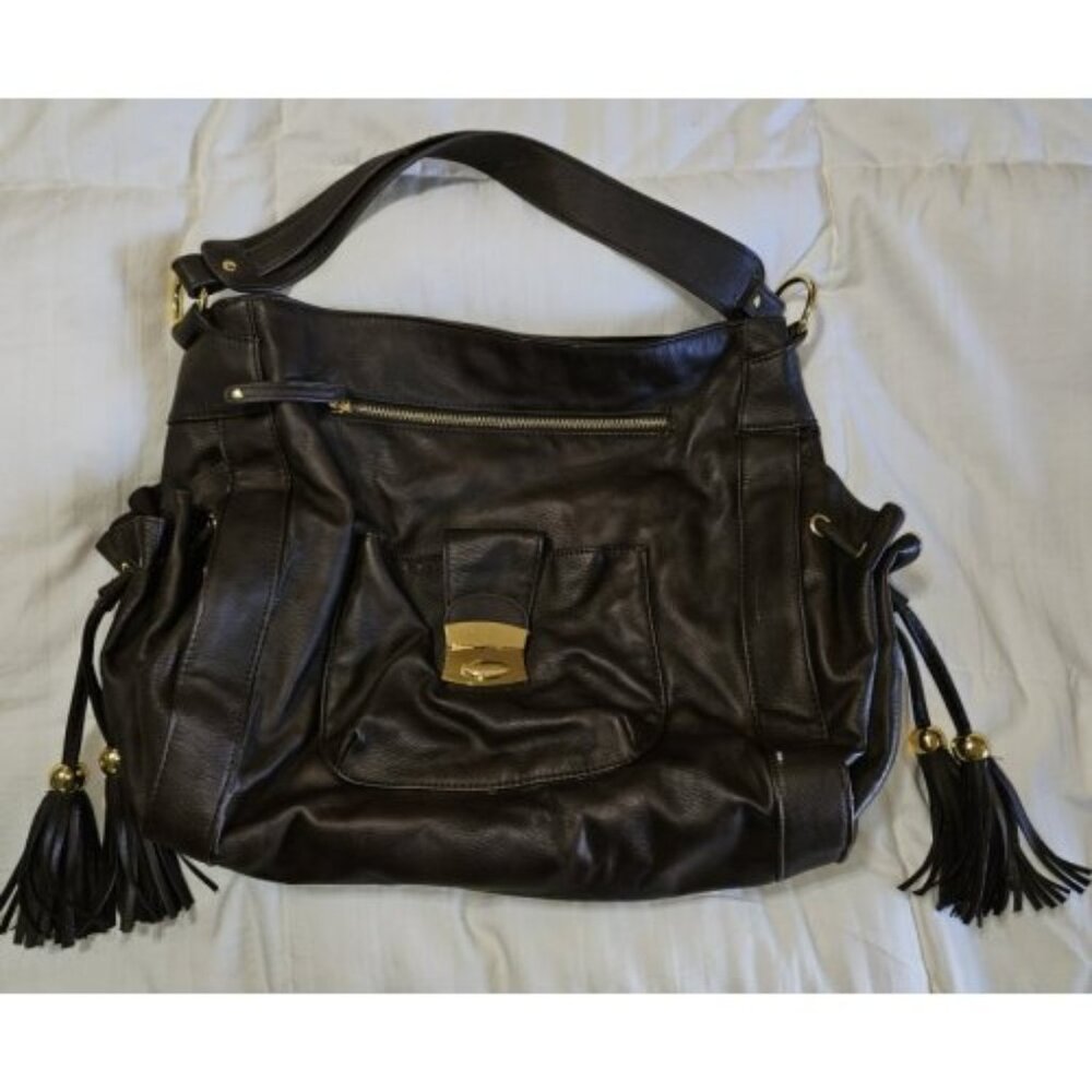 MARK Brown Tassel Trim Many Pockets Satchel Bag